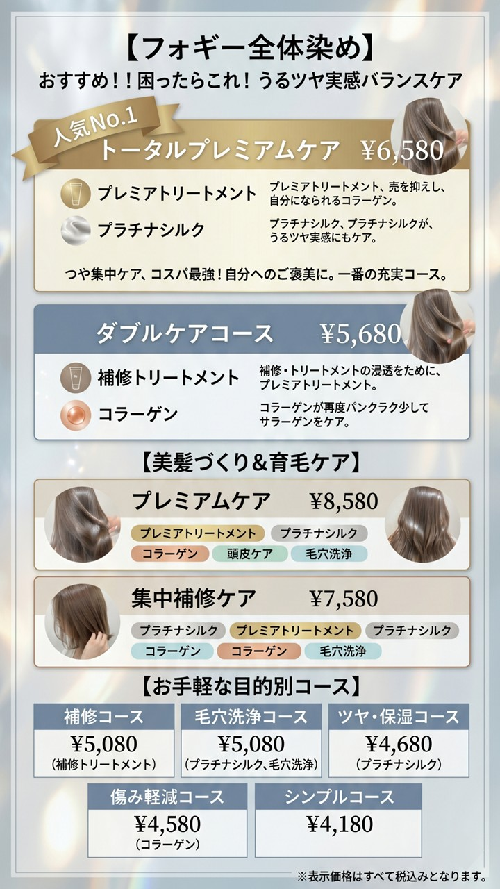 フォギー全体染め メニュー表