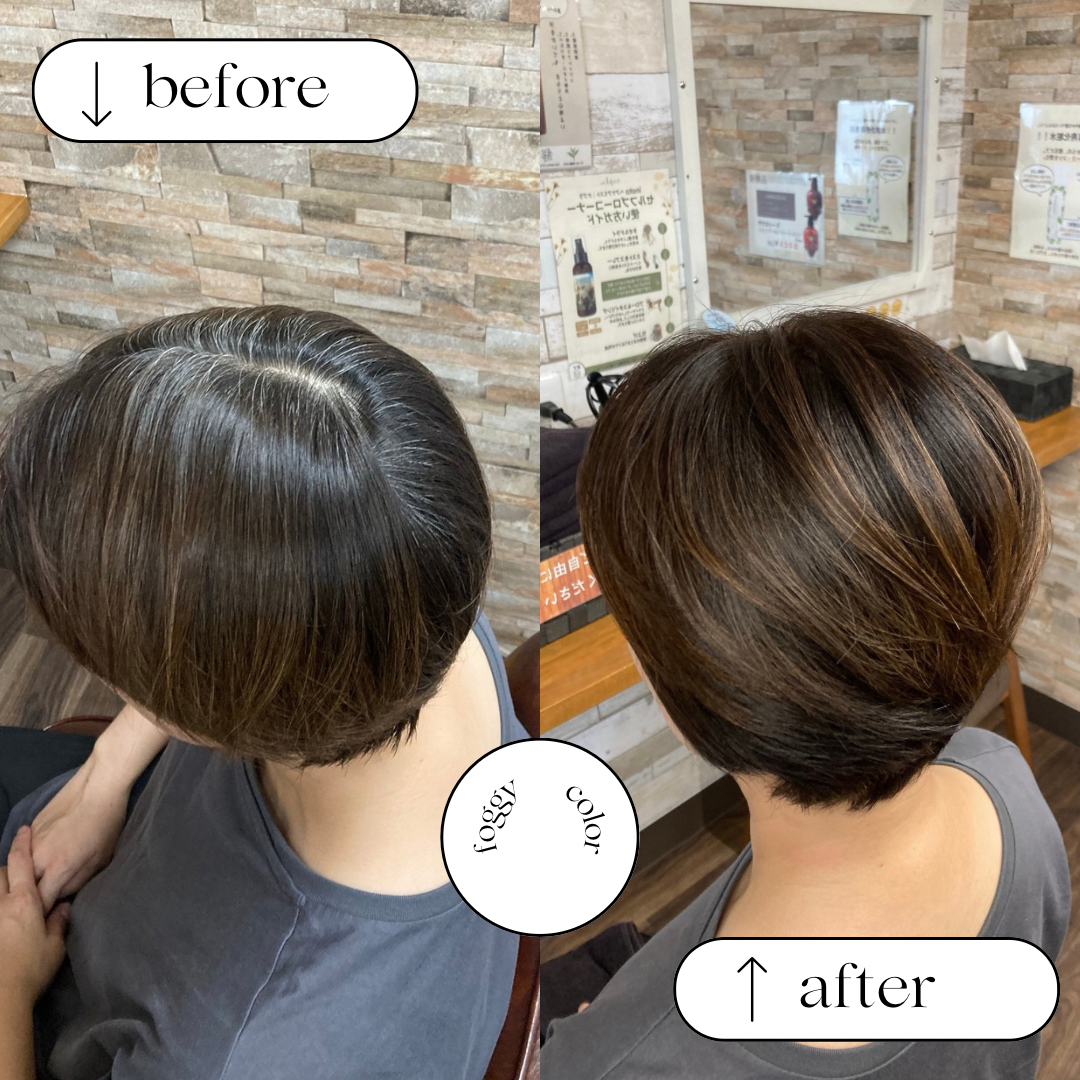 倉吉市の美容室で施術した、白髪がなじんで自然なグラデーションになったフォギーカラーのショートボブ