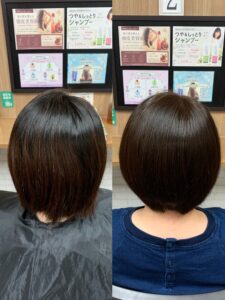 鳥取市の美容室・宮長店のフォギーカラーで、アッシュとベージュがやわらかくなじんだ自然な髪色のイメージ